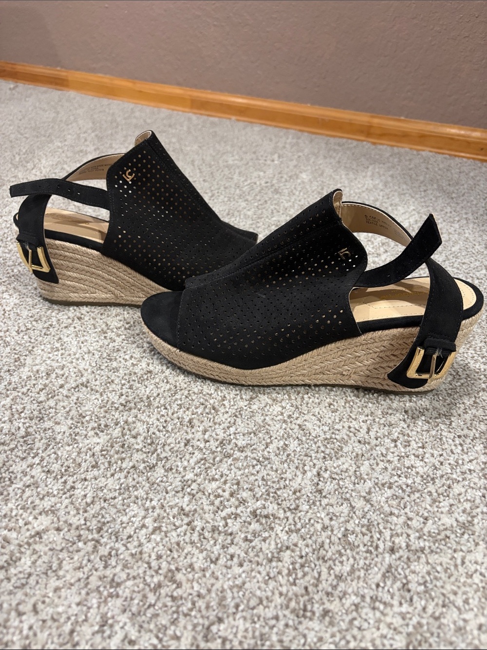 Liz Claiborne Black Perforated Suede Espadrille Wedge Sandals